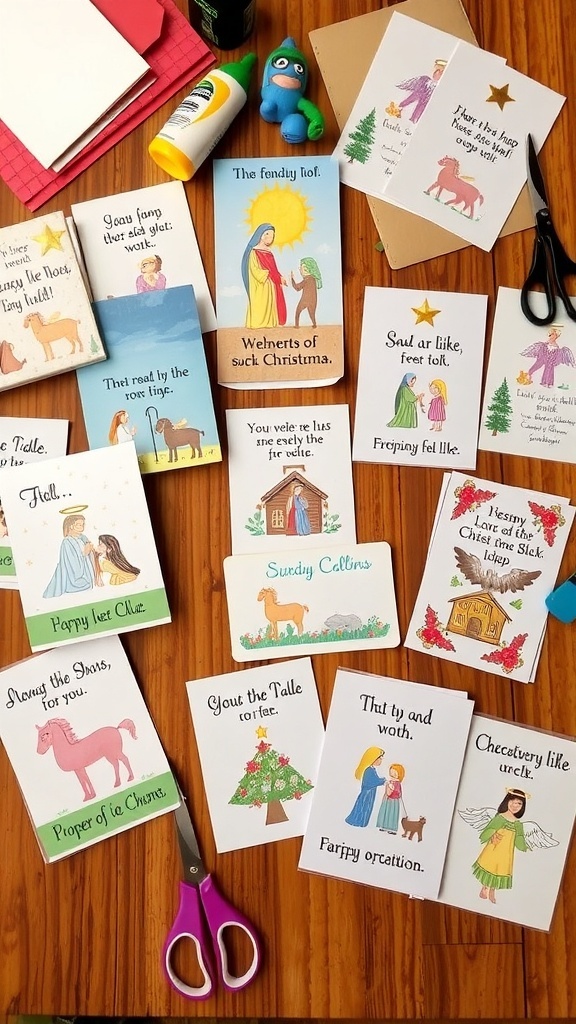 A variety of handmade religious Christmas cards with nativity and angel designs on a crafting table.